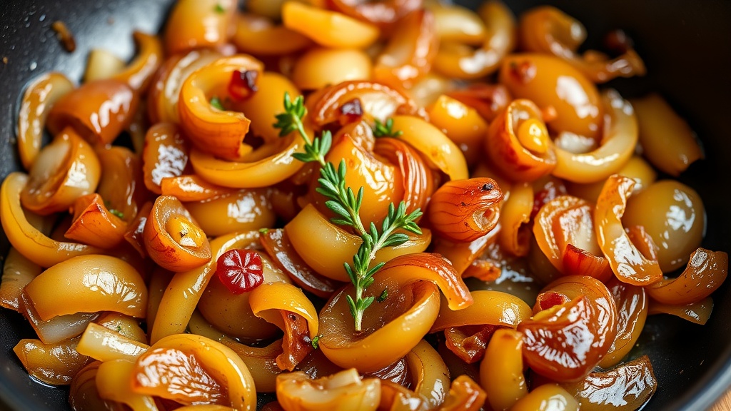 Savory Caramelized Onions Recipe Golden-brown caramelized onions in a skillet, garnished with thyme, on a wooden countertop.